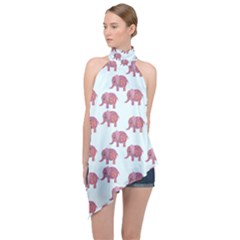 Pink Flower Elephant Halter Asymmetric Satin Top