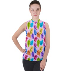 Colorful Leaves Mock Neck Chiffon Sleeveless Top