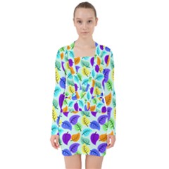 Colorful Leaves Blue V-neck Bodycon Long Sleeve Dress by snowwhitegirl