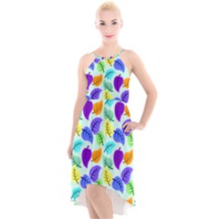 Colorful Leaves Blue High-low Halter Chiffon Dress 