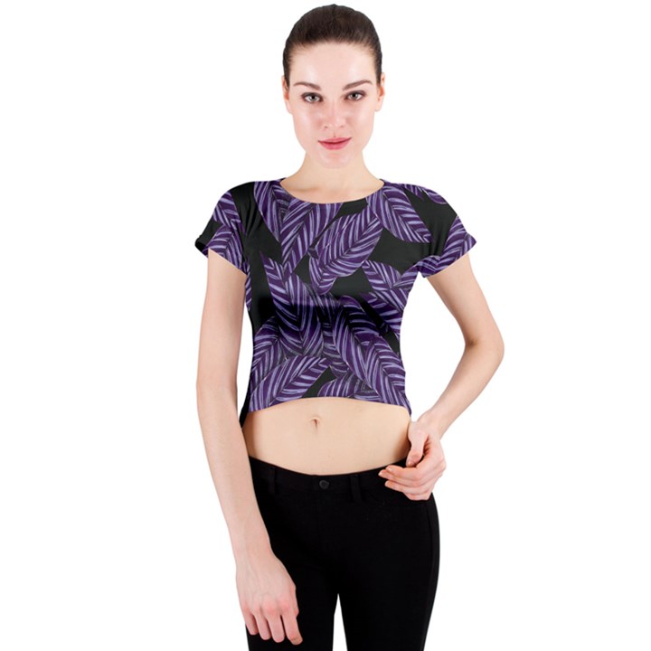 Tropical Leaves Purple Crew Neck Crop Top