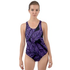 Tropical Leaves Purple Cut-out Back One Piece Swimsuit by snowwhitegirl