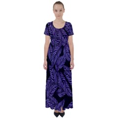 Tropical Leaves Purple High Waist Short Sleeve Maxi Dress