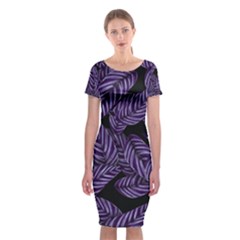 Tropical Leaves Purple Classic Short Sleeve Midi Dress