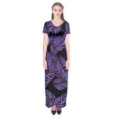 Tropical Leaves Purple Short Sleeve Maxi Dress