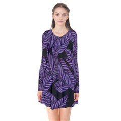 Tropical Leaves Purple Long Sleeve V-neck Flare Dress by snowwhitegirl