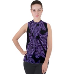 Tropical Leaves Purple Mock Neck Chiffon Sleeveless Top