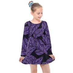 Tropical Leaves Purple Kids  Long Sleeve Dress