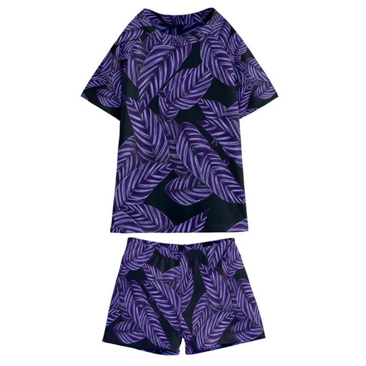 Tropical Leaves Purple Kids  Swim Tee and Shorts Set