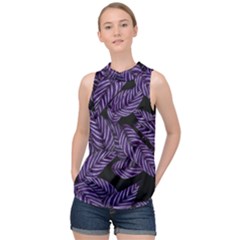 Tropical Leaves Purple High Neck Satin Top