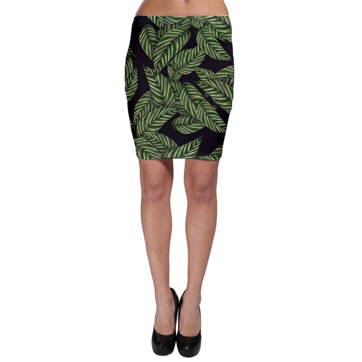 Tropical Leaves On Black Bodycon Skirt