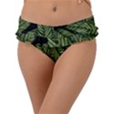 Tropical Leaves On Black Frill Bikini Bottom View1