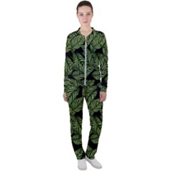 Tropical Leaves On Black Casual Jacket And Pants Set