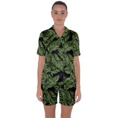 Tropical Leaves On Black Satin Short Sleeve Pyjamas Set by snowwhitegirl