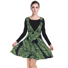 Tropical Leaves On Black Plunge Pinafore Dress