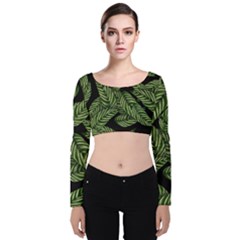 Tropical Leaves On Black Velvet Long Sleeve Crop Top