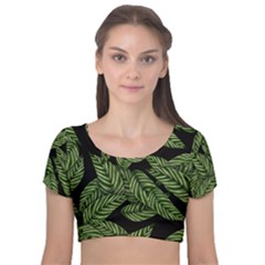 Tropical Leaves On Black Velvet Short Sleeve Crop Top  by snowwhitegirl