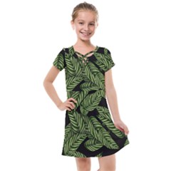 Tropical Leaves On Black Kids  Cross Web Dress