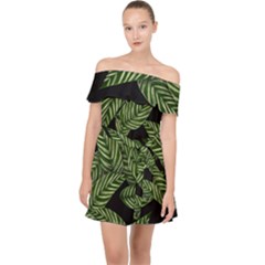 Tropical Leaves On Black Off Shoulder Chiffon Dress