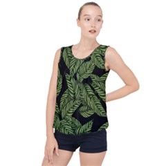 Tropical Leaves On Black Bubble Hem Chiffon Tank Top