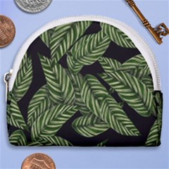 Tropical Leaves On Black Horseshoe Style Canvas Pouch