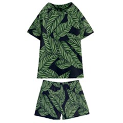 Tropical Leaves On Black Kids  Swim Tee And Shorts Set