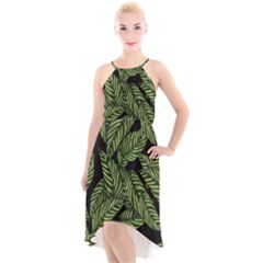 Tropical Leaves On Black High-low Halter Chiffon Dress 