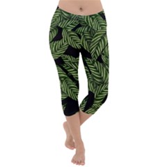 Tropical Leaves On Black Lightweight Velour Capri Yoga Leggings