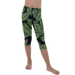 Tropical Leaves On Black Kids  Lightweight Velour Capri Leggings 