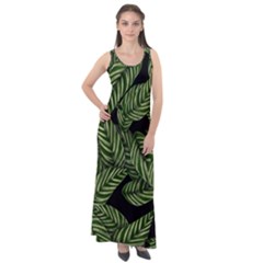 Tropical Leaves On Black Sleeveless Velour Maxi Dress