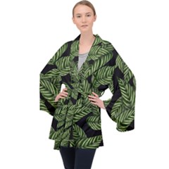 Tropical Leaves On Black Velvet Kimono Robe