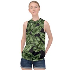 Tropical Leaves On Black High Neck Satin Top