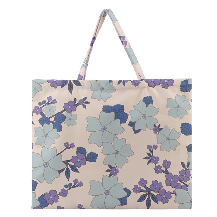 Vintage Floral Blue Pattern Zipper Large Tote Bag