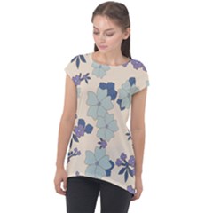 Vintage Floral Blue Pattern Cap Sleeve High Low Top