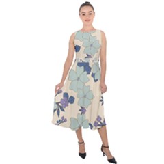 Vintage Floral Blue Pattern Midi Tie-back Chiffon Dress