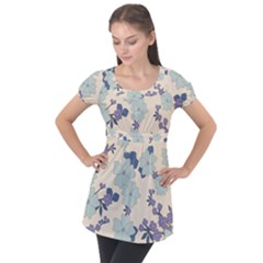 Vintage Floral Blue Pattern Puff Sleeve Tunic Top