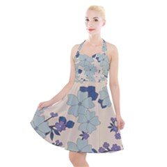 Vintage Floral Blue Pattern Halter Party Swing Dress 