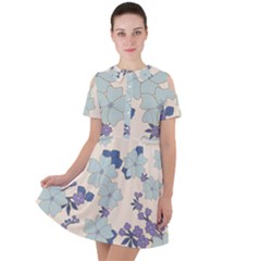 Vintage Floral Blue Pattern Short Sleeve Shoulder Cut Out Dress 