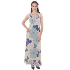 Vintage Floral Blue Pattern Sleeveless Velour Maxi Dress