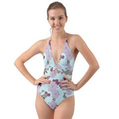 Vintage Floral Lilac Pattern Halter Cut-out One Piece Swimsuit by snowwhitegirl