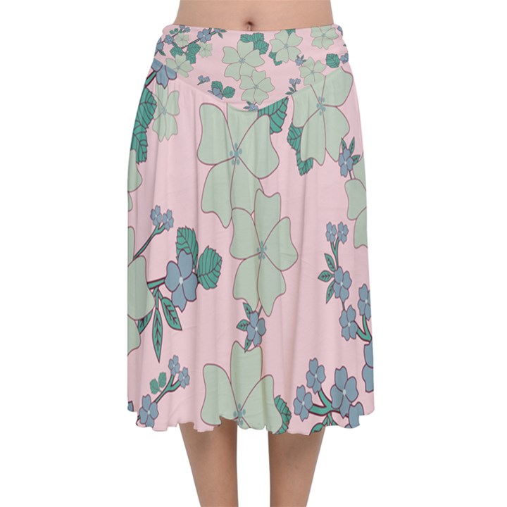 Vintage Floral Lilac Pattern Pink Velvet Flared Midi Skirt