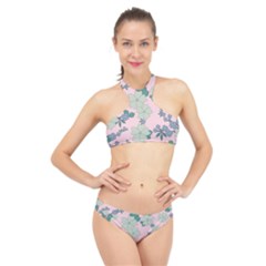 Vintage Floral Lilac Pattern Pink High Neck Bikini Set