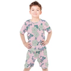 Vintage Floral Lilac Pattern Pink Kids  Tee And Shorts Set by snowwhitegirl