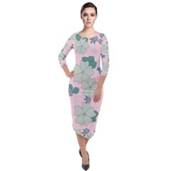 Vintage Floral Lilac Pattern Pink Quarter Sleeve Midi Velour Bodycon Dress