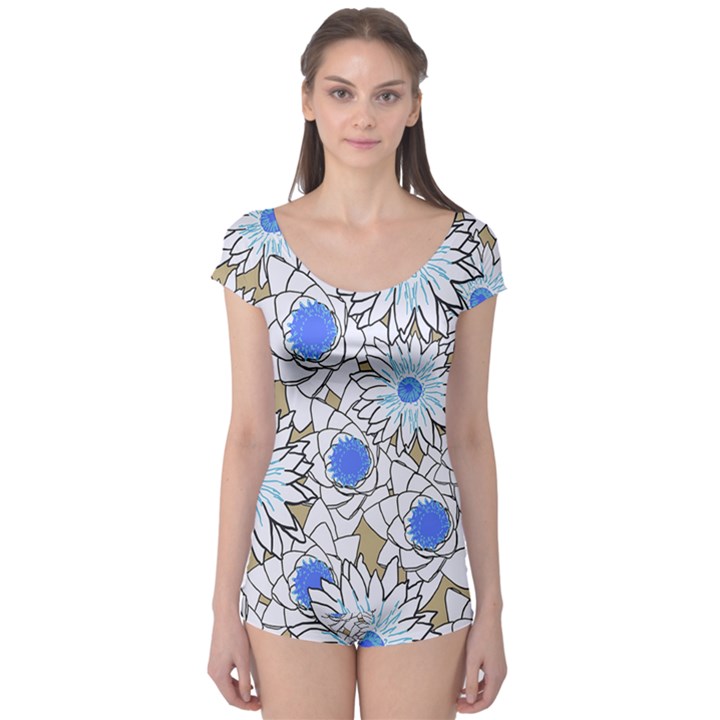 Vintage White Blue Flowers Boyleg Leotard 