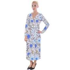 Vintage White Blue Flowers Velvet Maxi Wrap Dress