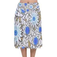 Vintage White Blue Flowers Velvet Flared Midi Skirt by snowwhitegirl