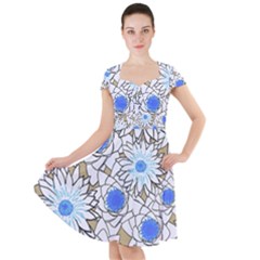 Vintage White Blue Flowers Cap Sleeve Midi Dress