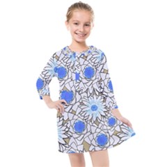 Vintage White Blue Flowers Kids  Quarter Sleeve Shirt Dress by snowwhitegirl