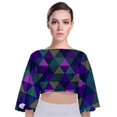 Blue Geometric Tie Back Butterfly Sleeve Chiffon Top